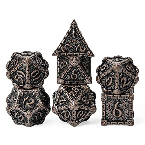 Cusdie Lot de 7 dés DND en métal avec boîte en métal, dés polyédriques motif poignard, pour jeu de rôle D&amp;D (cuivre rouge)
