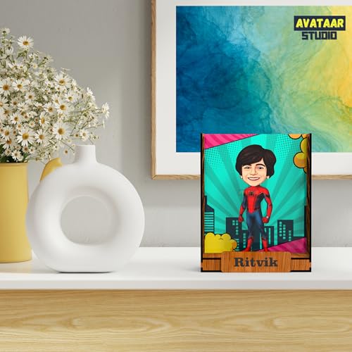 Image of Personalized Gift for Kids, Friends Character Caricature Photo Frame Unique Design Customized Gift for Children, Return Gift Idea (Spiderman, Box)
