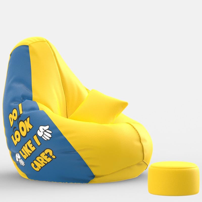 Image of Biggie Bean Bag with Beans Filled 5XL Evergreen Classics Bean Bag-Loud Prints-Soft Landings-Styled with Free Cushion & Footrest (Matching Color : Printed Do i Care - Yellow Blue)
