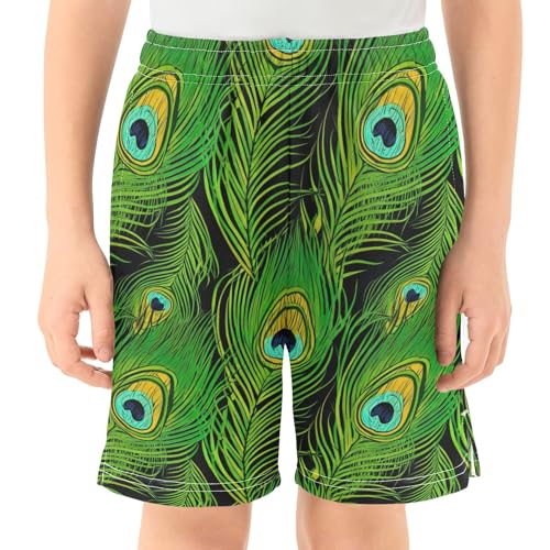 CHIFIGNO Peacock Feathers Green Thick Pull-On Summer Boys Shorts, Knee-Length Teen Boys Vacation Outfits XS2