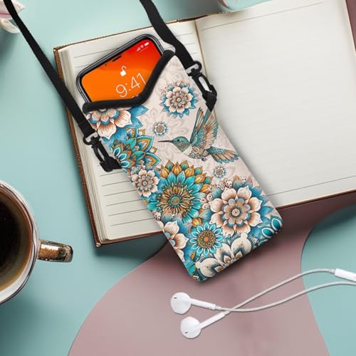 Image of Women Men Small Crossbody Phone Bag Cellphone Wallet Purse Compatible with Most Smartphones Phone Carry Pouch for Travel, Outings, Beach, Hiking, 8 x 4 inch, Boho Flower Hummingbird