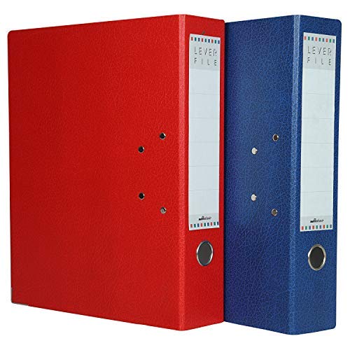 Mahavir Premium – 2D-Aktenordner – Kanzleipapier Größe (216 mm x 343 mm) – 70 mm vernickelter Clip – Vinylbeschichtetes Einbandmaterial und Radoschloss – 2 Stück – (Rot + Blau)