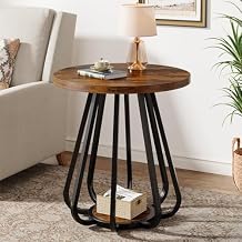 Tribesigns Small Round Side Table, 2-Tier Sofa End Table with Metal Frame and Lower Shelf, Wooden Bedside Nightstand for Small Spaces, Living Room, Bedroom, Vintage Brown & Black
