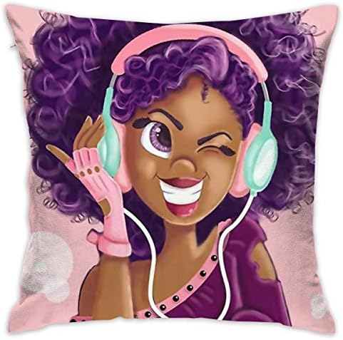 SARA NELL Black Art Throw Pillow Cases,Black Girl African American Girl Love Music Purple Hair,Pillow Covers Decorative 18 x 18 inch Pillowcase Cushion Covers Zipper