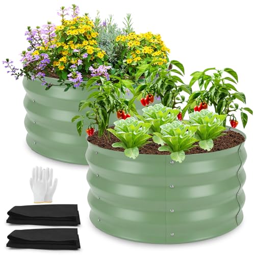 Vyranut Set di aiuole da giardino rotonde rialzate in metallo, confezione da 2 pezzi, con fodere in tessuto, 60 × 60 × 30 cm, colore argento, per balcone, patio, coltivazione all'aperto (verde salvia)