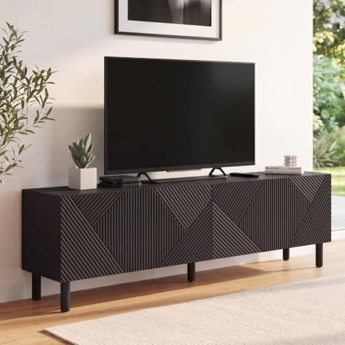 Meuble TV 180 cm HIMARA 2 portes lattes géométriques bois - vue 3