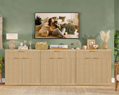 Image of TEENFON 31.5 inch W Fluted Buffet Cabinet with Storage, Sideboard Cabinet, Coffee Bar Cabinet with 2 Doors and Adjustable Shelf for Living Room, Kitchen, Entryway, Natural