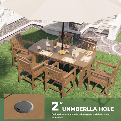 Image of HDPE Outdoor Dining Set, Patio Table and Chairs Set, All-Weather 7-Piece Outside Table and 6 Chairs, 2 inch Umbrella Hole, Outdoor Furniture for Garden, Poolside, Backyard, Deck | Teak