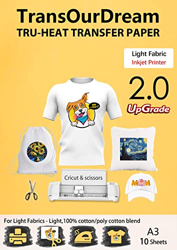 TransOurDream Tru-Iron papel de transferencia térmica para tela ligera (2.ª generación, A3, 10 hojas) Vinilo de transferencia térmica imprimible de inyección de tinta para camisetas ligeras (TOD-6) Cover