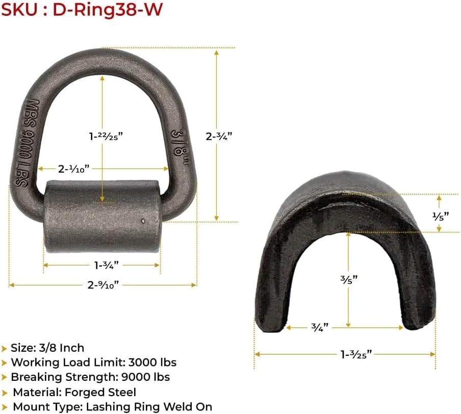 Mytee Products (8 Pack) 3/8" Heavy Duty Weld On D Ring - 9,000 LBS Breaking Strength Tie Down Anchor for Truck Bed - Forged D Rings for Trailer