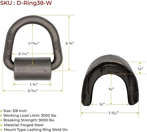 Miniatura 5 de Mytee Products Paquete de 8 anillos en D de soldadura resistente de 38 pulgadas, anclaje de amarre de resistencia a la rotura de 9,000 libras para