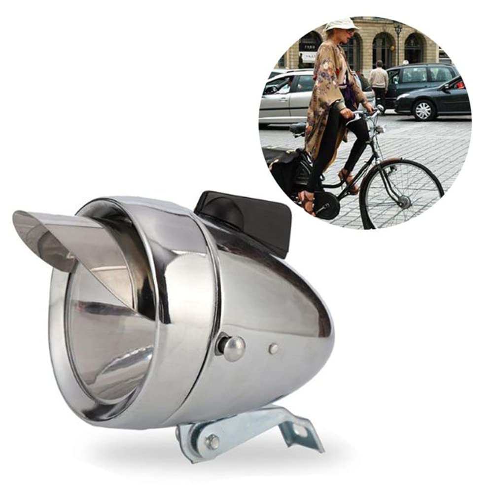 Faro Anteriore per Bicicletta retrò, Luminoso, Classico, dal Design Vintage, con Cassa in Metallo Cromato e Luce LED per la Sicurezza Notturna Durante Le uscite in Bicicletta, Colo