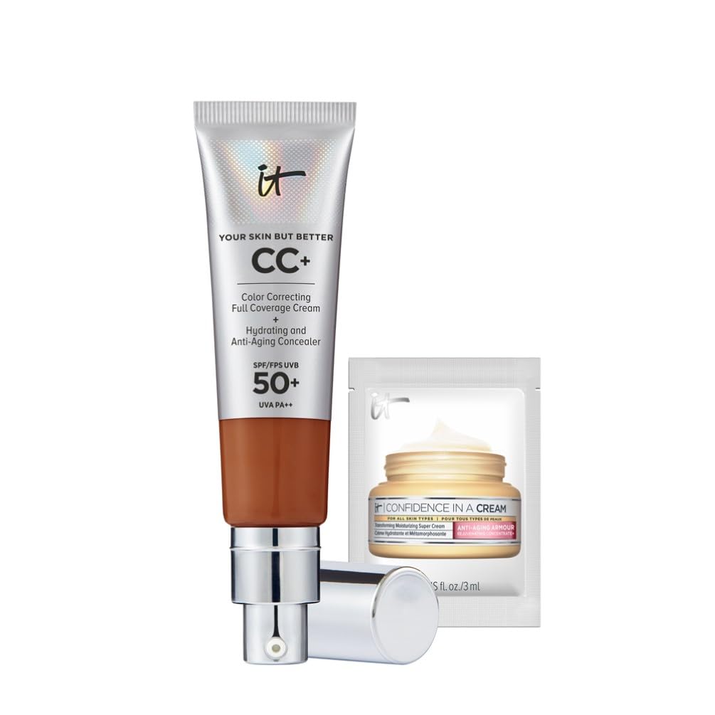 iT Cosmetics Full Coverage Foundation with SPF 50 Protection, Enriched with Hyaluronic Acid & Vitamin E, Your Skin But Better CC+ Cream