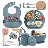 Coffret Repas Bebe en Silicone, Set Vaisselle 1er Age Complet, Idée Cadeau Naissance Bébé sans BPA avec Cuillère, Bavoir, Tasse et Assiette Bebe Ventouse Fille et Garcon, dme Bebe   Bleu