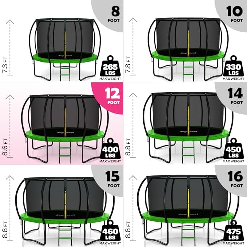 Image of JoyBerri Upsurge Trampoline Outdoor - ASTM Certified Safe 8Ft 10Ft 12Ft 14Ft 15Ft 16Ft Recreational Trampoline for Kids and Adults. Anti-Rust Coating with Enclosure Net, Ladder, Sprinkler & LED Lights