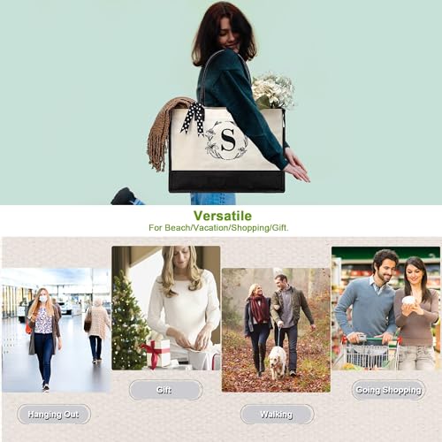 Image of BeeGreen Embroidery Monogram Initial Tote Bag Gift for Women Teacher Mom Friend Personalized Gift for Birthday Beach
