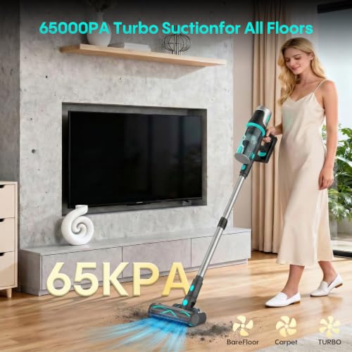 Image of Bagotte Cordless Vacuum Cleaner,65KPa 65Mins Stick Vacuum with Self-Standing,Anti-Tangle Touch Screen LED Display, Detachable Battery Pack, Rechargeable Vacuum for Floor /Carpet /Pet Hair