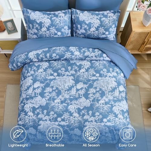 Image of DJY Full Size 7 Piece Bed in a Bag-Floral Botanical Mineral Blue Comforter Set,Full Comforter with Sheets