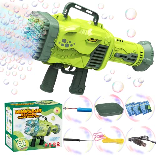 Bubble Machine For Kids, Bubble Maker Gun Dinosaur Bazooka Style With Led Light, 1000+ Bubbles Per Minute, Bubble Machine For Toddlers Birthday Wedding Party, With 3 Bubble Solution #TOP5
