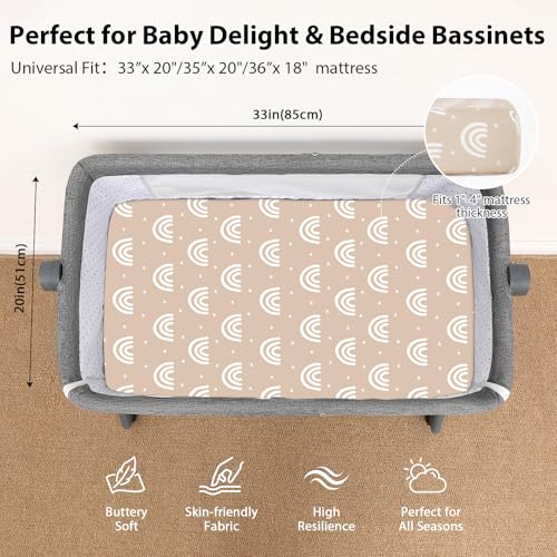 Image of Baby Bedside Bassinet Sheets Fitted, 33 inchx20 inch Compatible with Baby Delight Dream On Me & Most Rectangle Bedside Sleeper Bassinet Mattresses, Super Soft Microfiber Orange Sun Rainbow