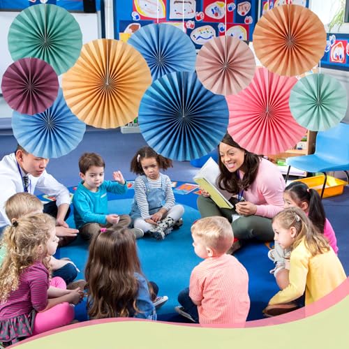 Image of 18 Pcs Hanging Paper Fans Decor Back to School Paper Fans Round Garlands Bulletin Board Classroom Decorations for Party Supplies Classroom Decor(Retro Boho)