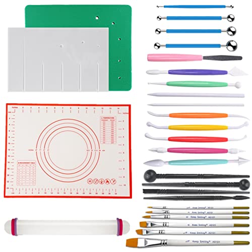 Gum Paste Flower and Leaf Tools Kit 10 Sugar Flower Modelling Tools 6 Cake Brush 4 Flower Petals Ball Tools 4 Frilling Stick 1 Fondant Flower Veining Board 1 Foam Pad 1 Silicone Mat 1 Rolling Pin
