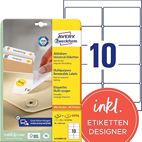 AVERY Zweckform L4744REV-25 Universal Etiketten (250 plus 50 Klebeetiketten extra, 96x50,8mm auf A4, wieder rückstandsfrei ablösbar/abziehbar, bedruckbar, selbstklebende Aufkleber) 30 Blatt, weiß Cover