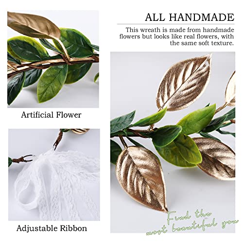 Mostory Fairy Laurel Woodland Crown - Artificial Elf Ivy Headband Renaissance Halloween Cosplay Costume Hair Accessories Elven Wedding Flower Crown Women Girls Photoshoot Headpiece, Green & Gold #TOP4