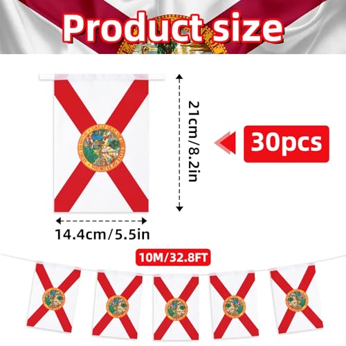 Image of 32.8 ft Florida Flag Banner, 30 Pcs Mini State String Flags, Red White Seal Bunting for Florida Day, Parades, Festivals, Home, Garden, and Outdoor Decorations