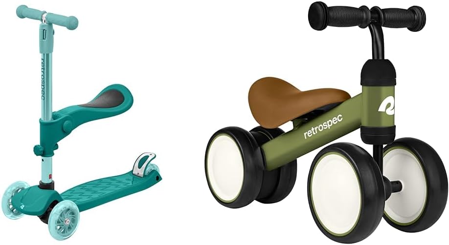 Retrospec Chipmunk Plus Kids' Scooter & Cricket Baby Walker Balance Bike - Height Adjustable 3 Wheel Scooters with Foldable Seat and LED Lights - Ages 12-24 Months to 3+ Years