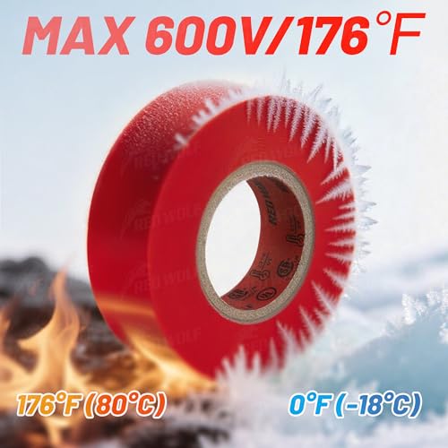 Image of RED WOLF Red Electrical Tape 3 /4 Inch x 66 Ft Industrial Grade UL /CSA Listed 7 Mil Thick Flame Retardant High Temp Waterproof Electrical PVC Tape Electric Super Vinyl Rated 600V 5 Pack