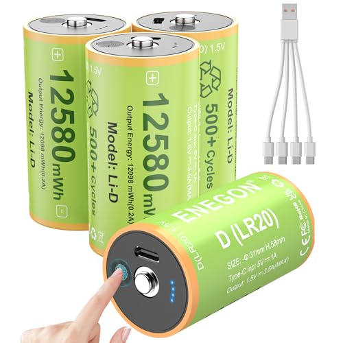 ENEGON 4 Pilas Recargables D de Litio de 1,5 V Tipo C (5 V Carga), 12580 mWh, LR20 con Indicador de Carga, Incluye 1 a 4 Cables de Carga, para Lámparas Camping, Radios, Juguetes, Calentador A Gas