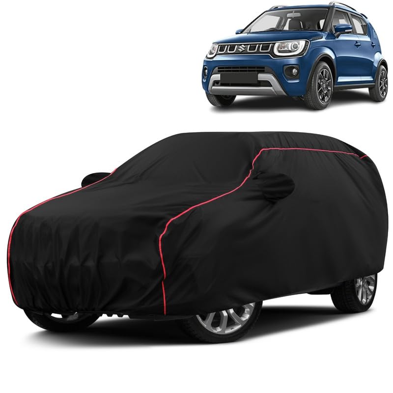VOICO Water-Resistant Dustproof Car Cover for Maruti Suzuki Ignis – Mirror Pocket, UV Protection, Scratch Guard, Buckle Belt, Front & Back Bottom Elastic with Red Piping – Black