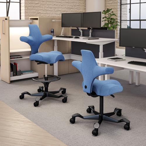 Image of HAG Capisco Adjustable Sit to Stand Desk Chair - Black Frame - Light Wash Blue Polyester Seat - with Footring