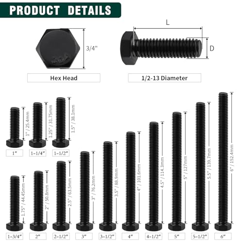Image of 1 /2-13 x 2-1 /2 inch Hex Head Bolts Black, 304 Stainless Steel 18-8 Hexagon Head Screws Bolts, Black Oxide Finish, Allen Hex Drive, 6 PCS