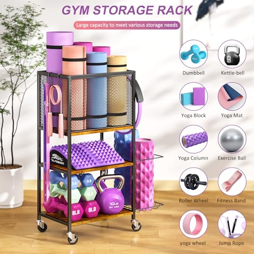 3 Tier Dumbbell Rack, Yoga Mat Storage Holder, Home Gym Storage Rack, Workout Equipment Storage Organizer, Weight Storage Holder Rack with Hooks and Wheels by 3IngSeagulls - Image 4