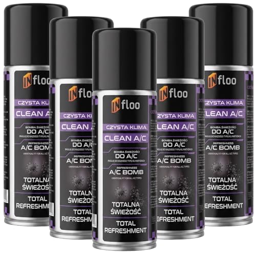 INfloo Clean A/C Detergente per climatizzatore auto 5x200 ml, spray per aria condizionata auto, neutralizza cattivi odori, rinfresca abitacolo e sistema di ventilazione
