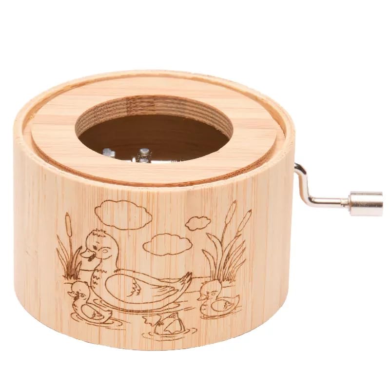 Music Box Made of Bamboo with the Children's Rhyme "Alle meine Entchen" Music Box by Kurbelwerk Green-Line, Duck Family Motif