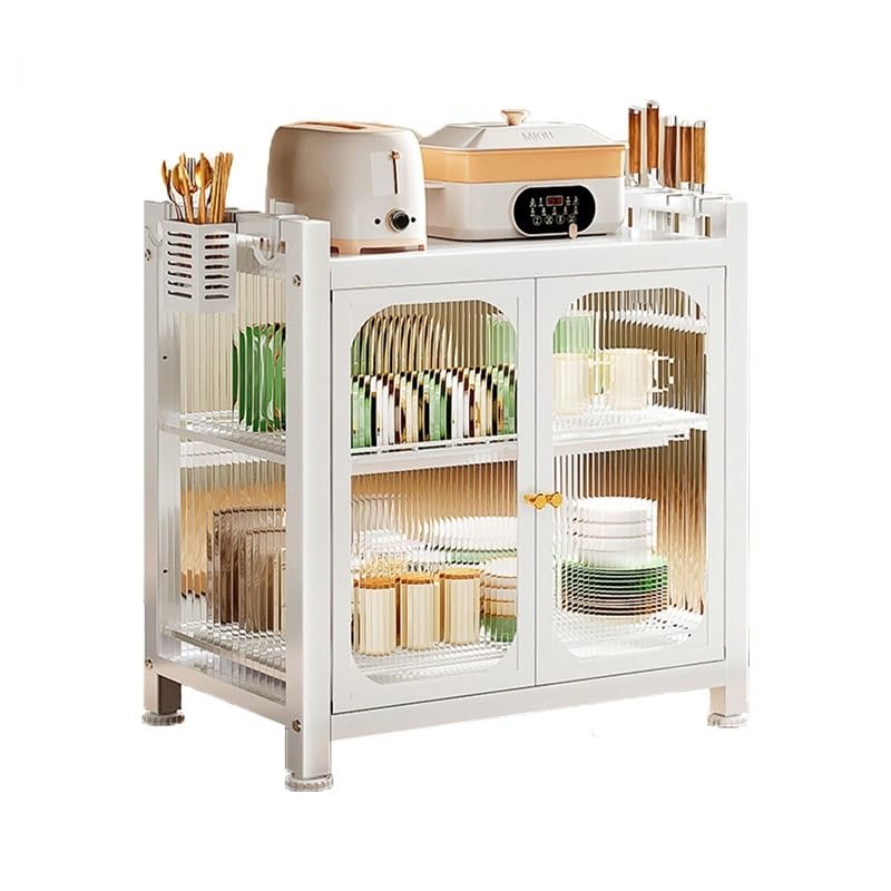 Kitchen Storage Rack Drain dishware Storage Rack with Door with Drain Tray | Stainless Steel 2 Layer Utility Double Design Storage Cabinet Rack for Kitchen (White)