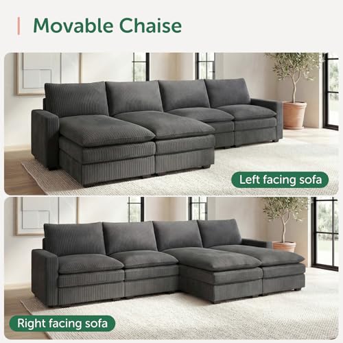 Image of HONBAY 127.2 Inch Corduroy Cloud Modular Sectional Sofa with Chaise, Deep Seat U-Shaped Couch with Storage for Living Room, Apartment, Small Space,Grey