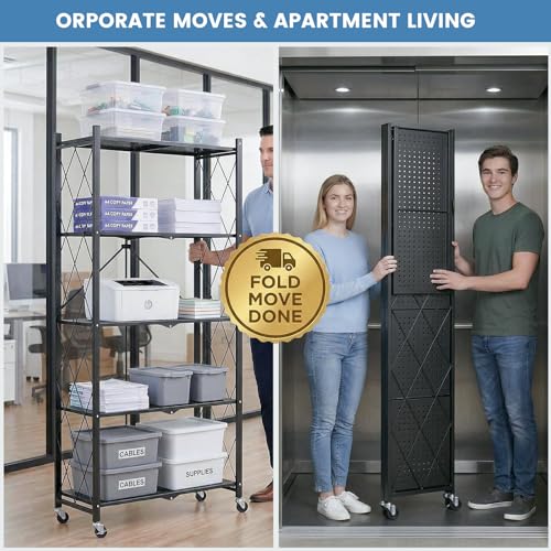 Image of ALANNG 70.7 inch H Metal Storage Shelves, 5 Tier Folding Shelf on Wheels | Heavy Duty, No Assembly, Rolling, Collapsible Rack Unit for Kitchen, Basement, Pantry (Black,1 Pack)