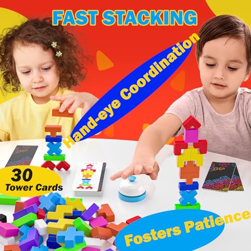 Image of 4-in-1 Family Board Games, 120 Pcs Wooden Multi-Level Montessori Toy Fast 3D Shape Pattern Matching Puzzle Stacking Building Blocks Fun Game for Kids Adults Family Night /Party, 1-6 Players Ages 4+
