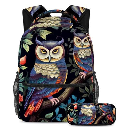 Sac à dos chouette amusante avec trousse assortie pour écoliers