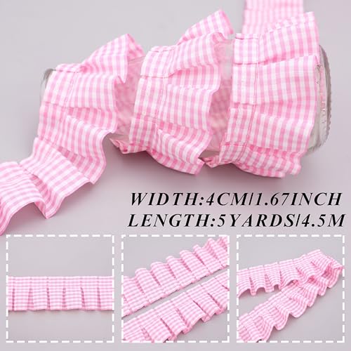 Gingham Ruffle Pleated Lace Trim 1.67" x5yd Gathered Gingham Ribbon Fabric Edge Trimming for Home Decor Merch (Pink) - Thumbnail 2