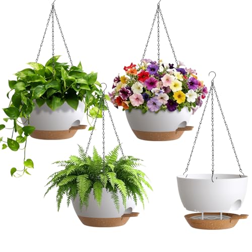 UOUZ 4 Pack 8 Inch Self Watering Hanging Planters for Indoor Outdoor Plants，Hanging Pots for Plants with Drainage Removable Tray, Hanging Baskets Flower Pots for Pothos Garden Porch White with Brown