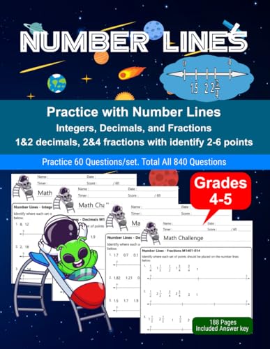  Number Lines: Math Drill, Practice Book, Workbook, Integers, Decimals, Fractions, Grades 4-5, Ages 9-11