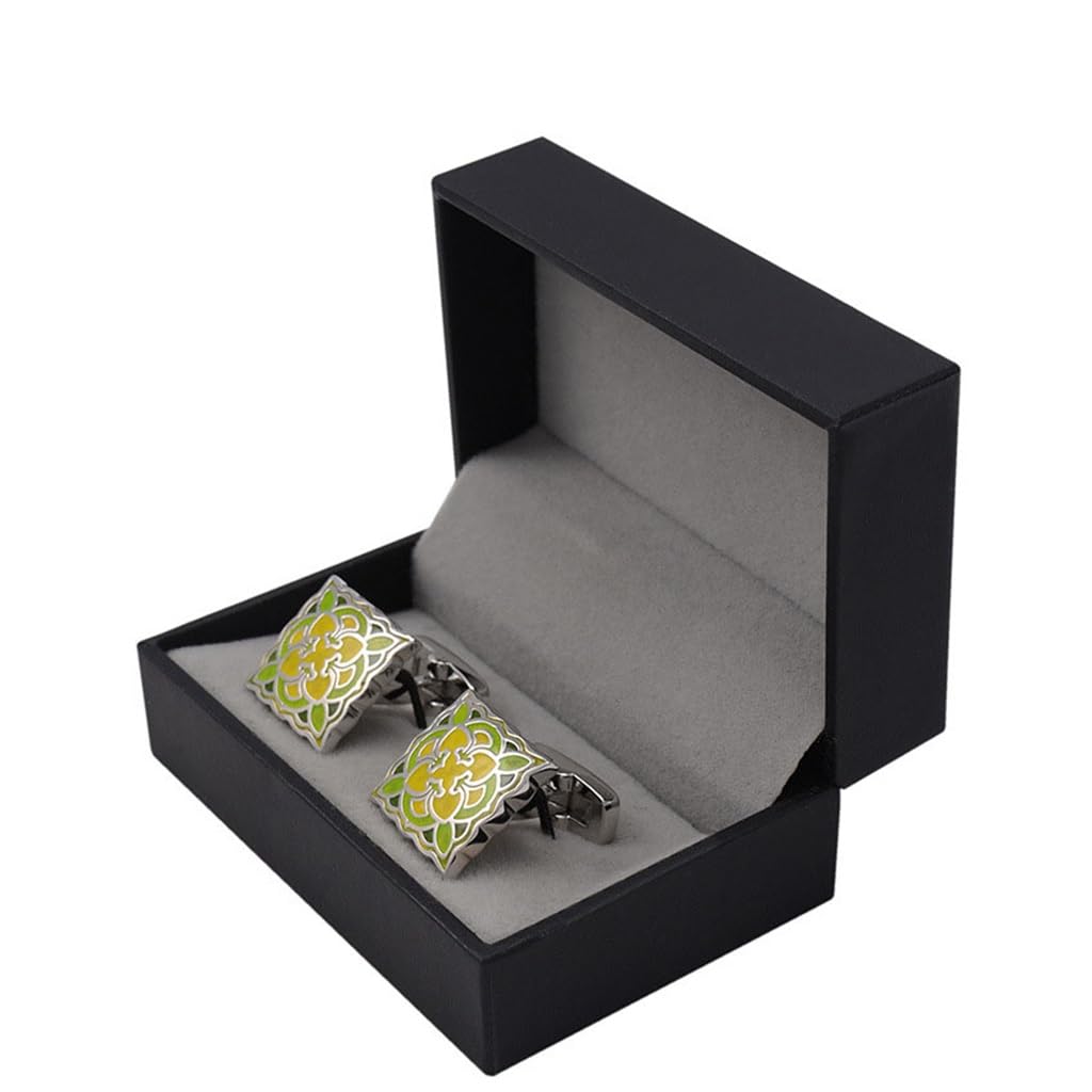 Gemelos de Camisa Francesa con diseño Cuadrado y diseño Retro con uñas para Hombre, Estilo Boutique, Negocios, Esmalte Verde y Amarillo