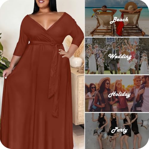 Image of Nmoder Plus Size Maxi Dress for Women - Summer Casual 3 /4 Sleeve Floral Flowy Long Dress with Belt XL- 6XL