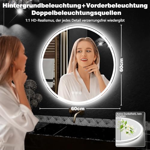 60cm Runde LED Badezimmerspiegel mit Beleuchtung, Dimmbar & 3 Farben – Front- & Hintergrundbeleuchtung, 4mm dickes Sicherheitsglas, Anti-Beschlag, Wandspiegel mit Licht, für Dusche & Waschtisch