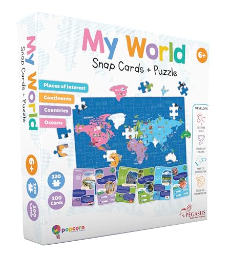 Image of popcorn Games & Puzzles World Map Puzzle and 100 Flash Cards Combo | Facts On Continent, Countries, Oceans Improve Hand Eye Coordination, Concentration | World Geography Puzzle Flash Card for Kids